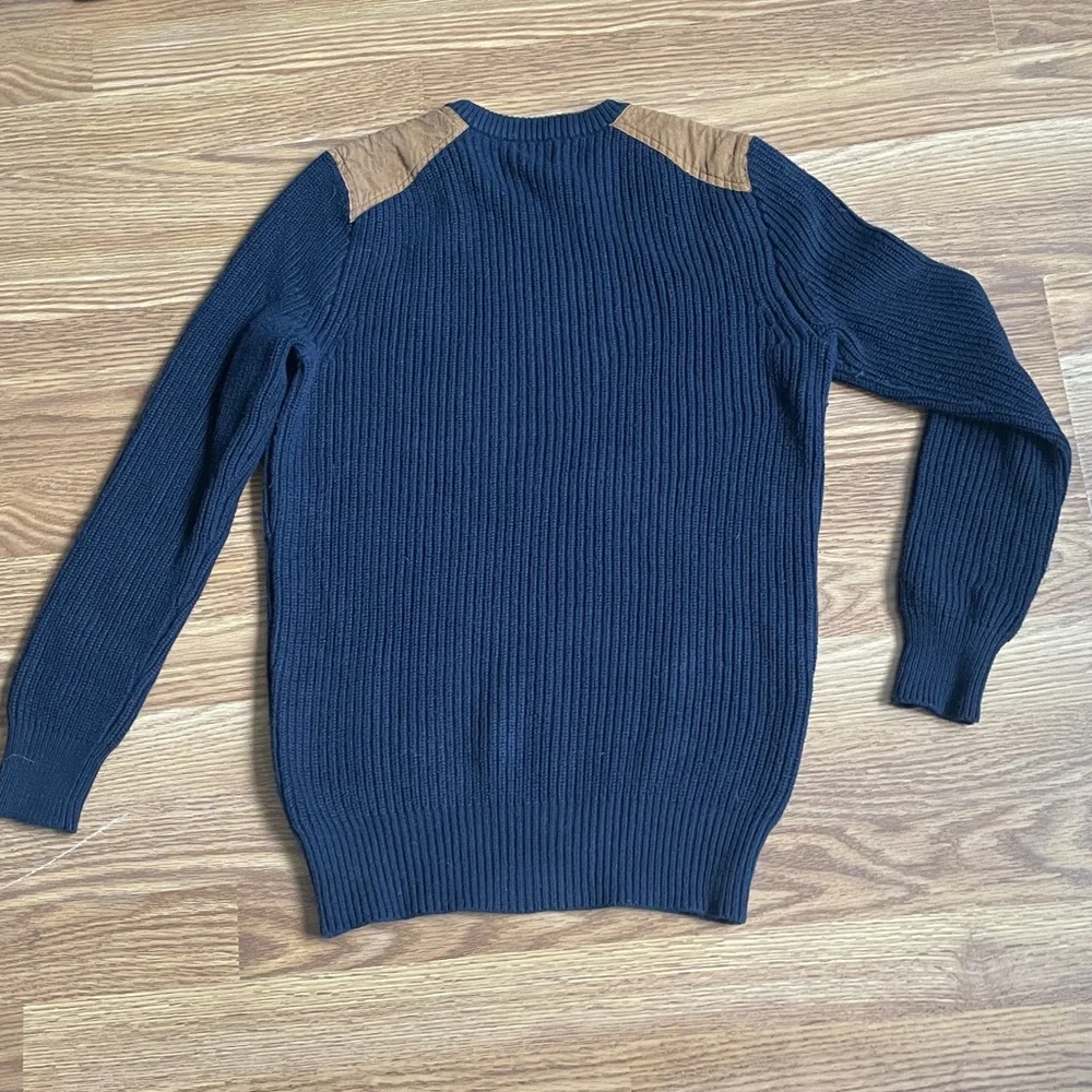 J.Crew Woodsman Crew Neck Suede Shoulder Patch Chunky Ribbed Sweater Navy Sz XS